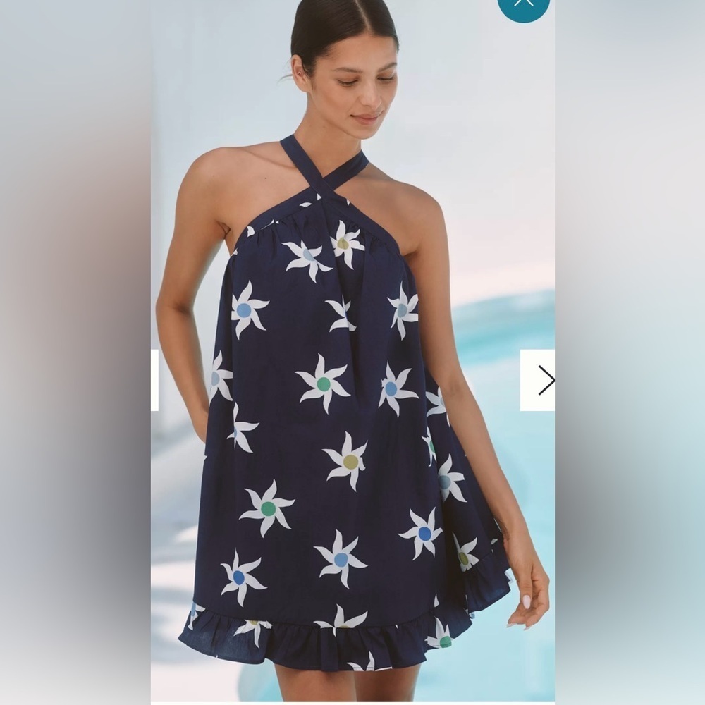 Anthropologie CELANDINE HALTER RUFFLE-HEM BABYDOLL MINI DRESS medium navy floral